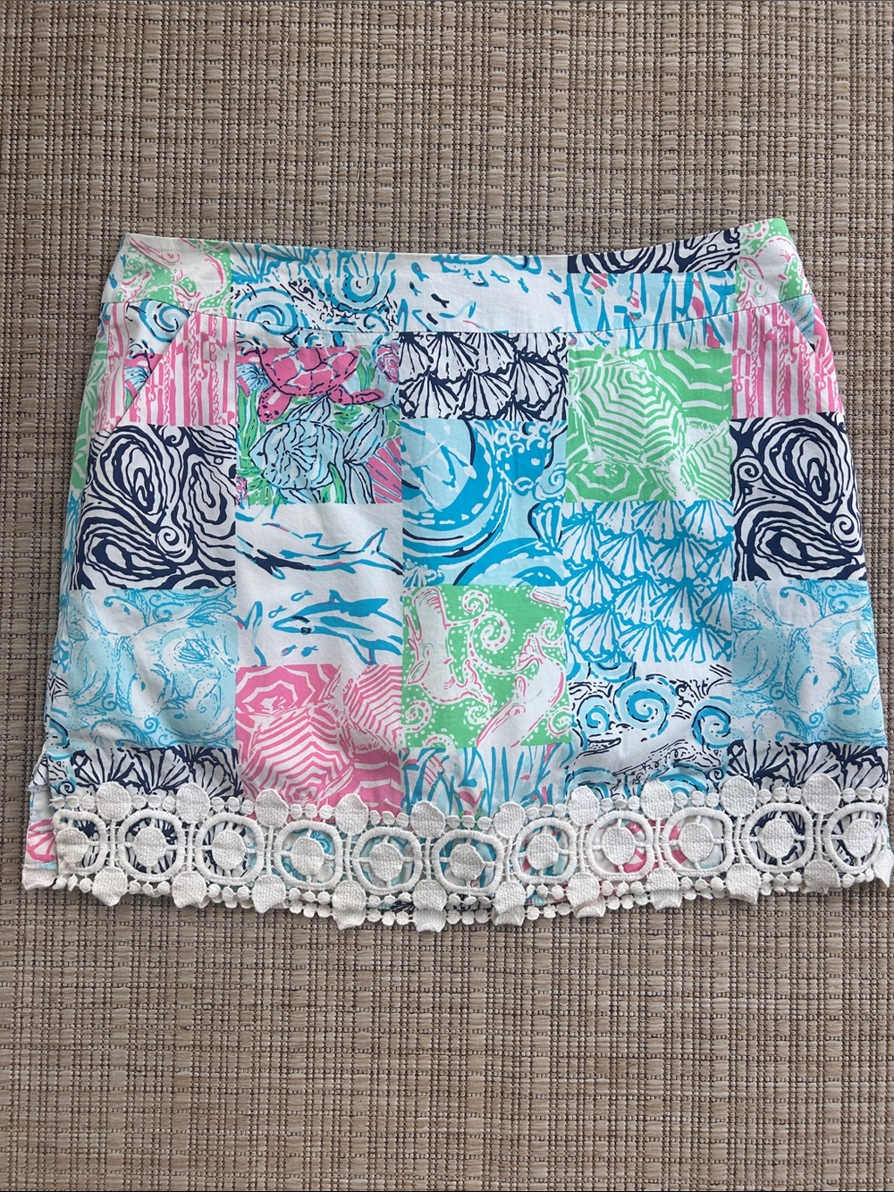 Lilly Pulitzer Patchwork Print Crochet-Hem Skort in Pink, Blue, Green, Size 8